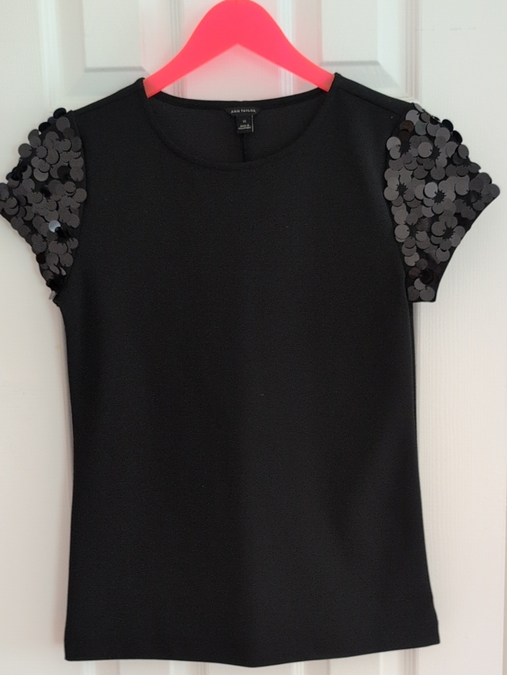 Ann Taylor Black Short-Sleeve Top with Sequin Accent Sleeves